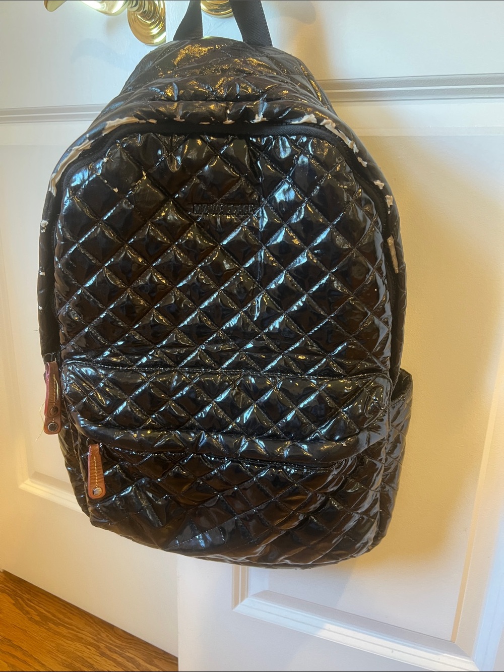 MZ Wallace Quilted Patent Black Backpack with Front Zip Pocket